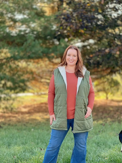 LuLaRoe Alta Reversible Long Vest Solid Muted Olive Green, lifestyle and detail photo 8
