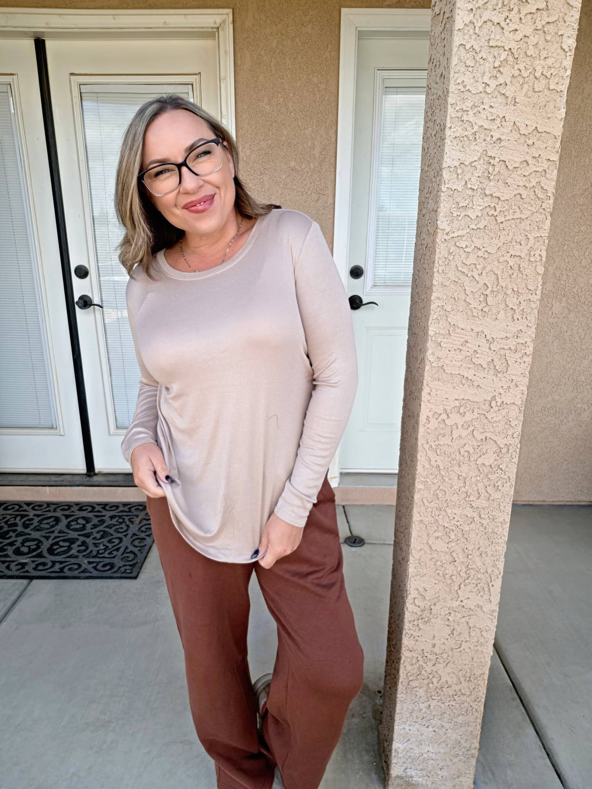 LuLaRoe Essential Long Sleeve Top Solid Taupe - women’s crewneck stretch baby rib long sleeve shirt, product photo 3