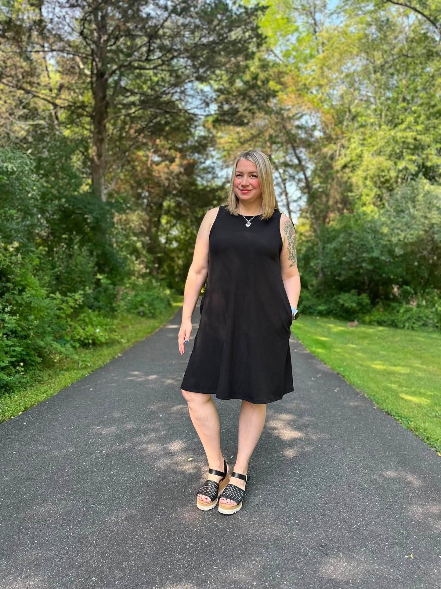 LuLaRoe Charlotte Dress - Solid Black Sleeveless A-Line Dress with Pockets