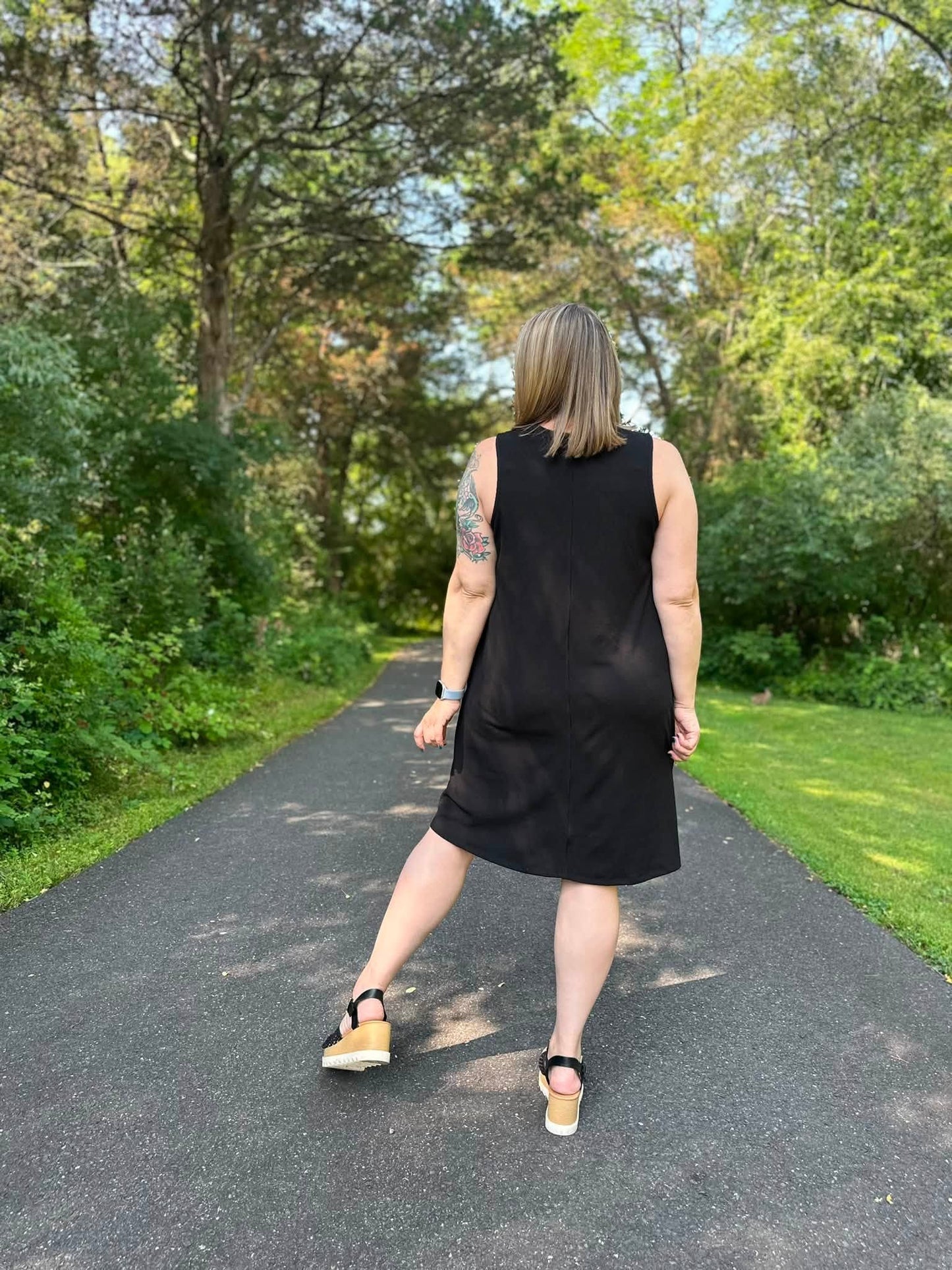 LuLaRoe Charlotte Dress - Solid Black Sleeveless A-Line Dress with Pockets