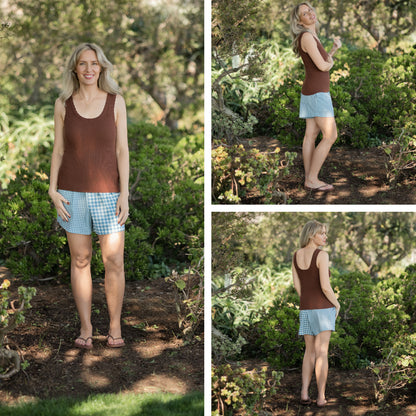 LuLaRoe Maydene Scallop Edge Tank in Solid Cocoa Brown with rib knit fabric, fitted silhouette, and scalloped neckline and arm openings. Alternate product image.