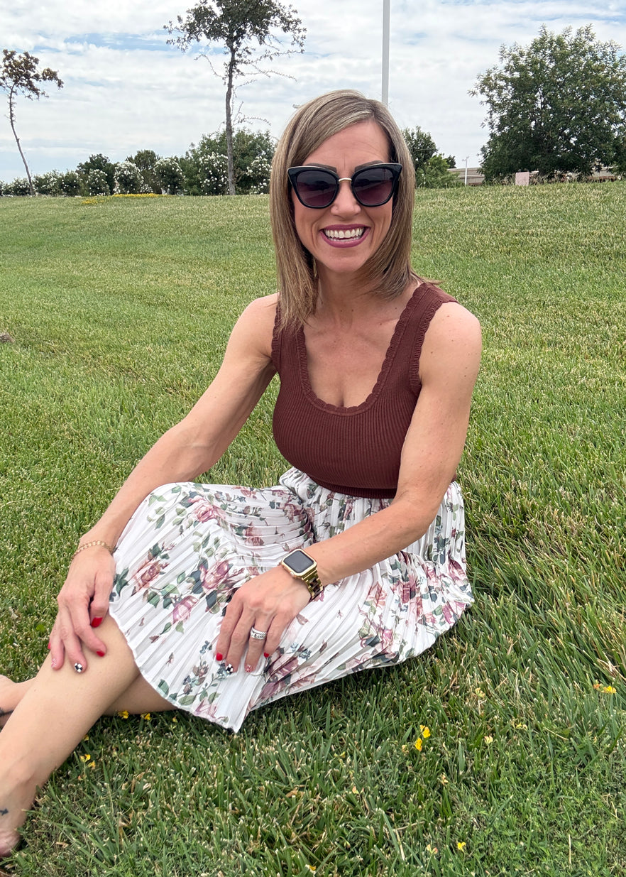 LuLaRoe Maydene Scallop Edge Tank in Solid Cocoa Brown with rib knit fabric, fitted silhouette, and scalloped neckline and arm openings. Alternate product image.