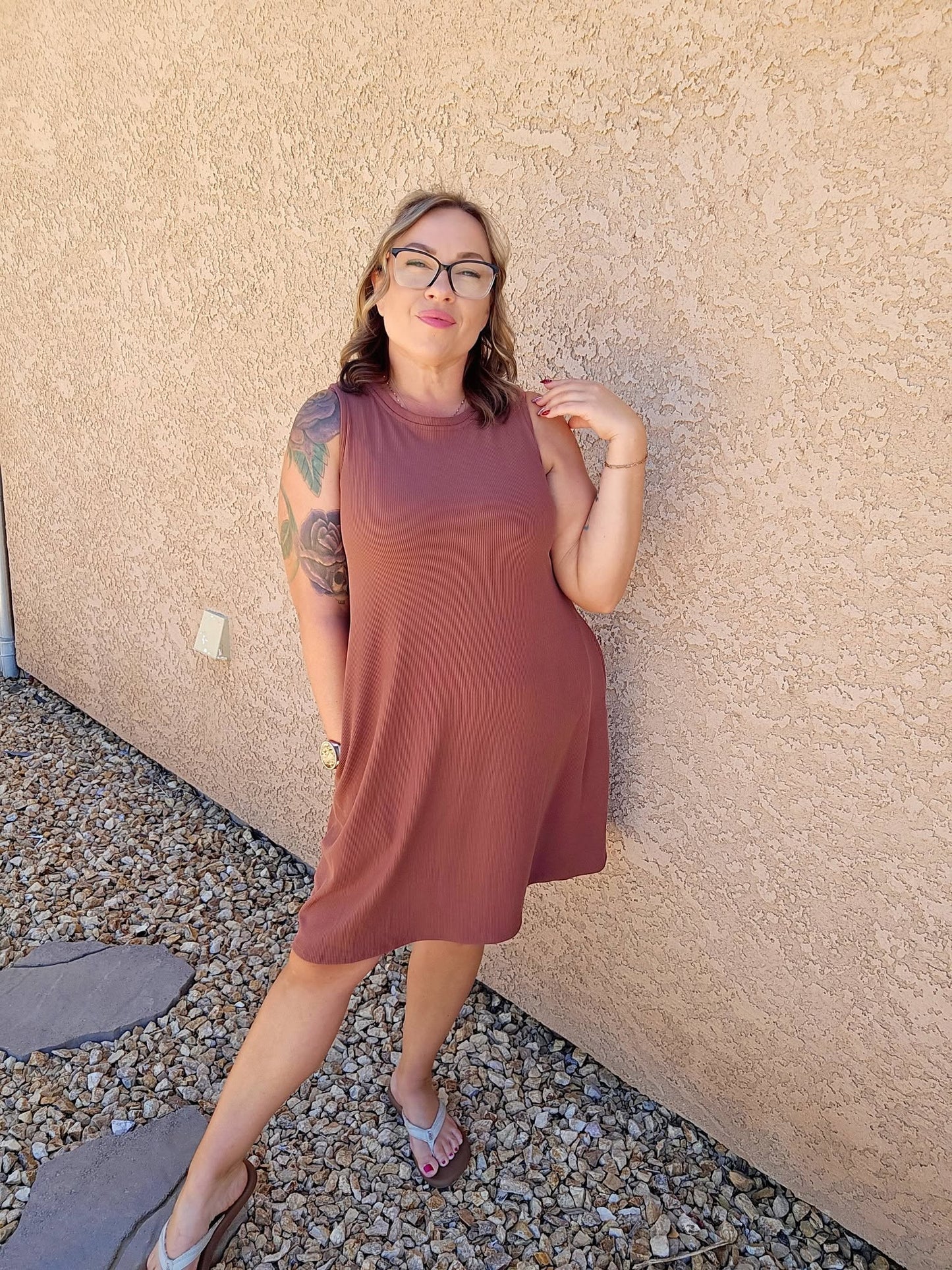 LuLaRoe Charlotte Dress - Solid Cocoa Brown Sleeveless A-Line Dress with Pockets