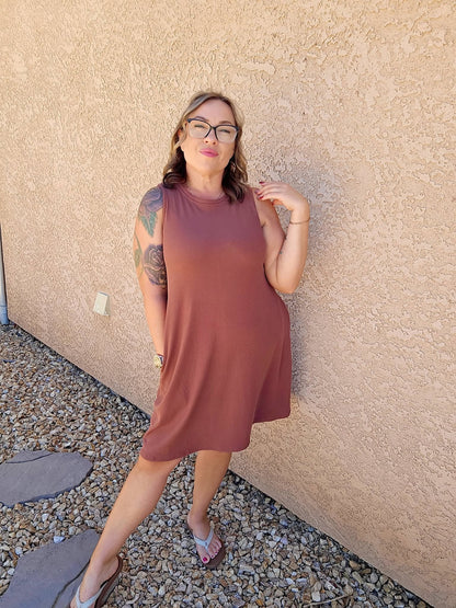 LuLaRoe Charlotte Dress - Solid Cocoa Brown Sleeveless A-Line Dress with Pockets