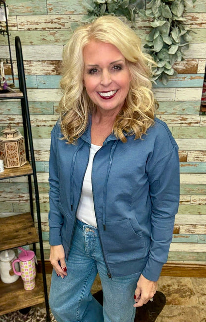 LuLaRoe Essential Zip Hoodie - Solid Vintage Indigo Blue