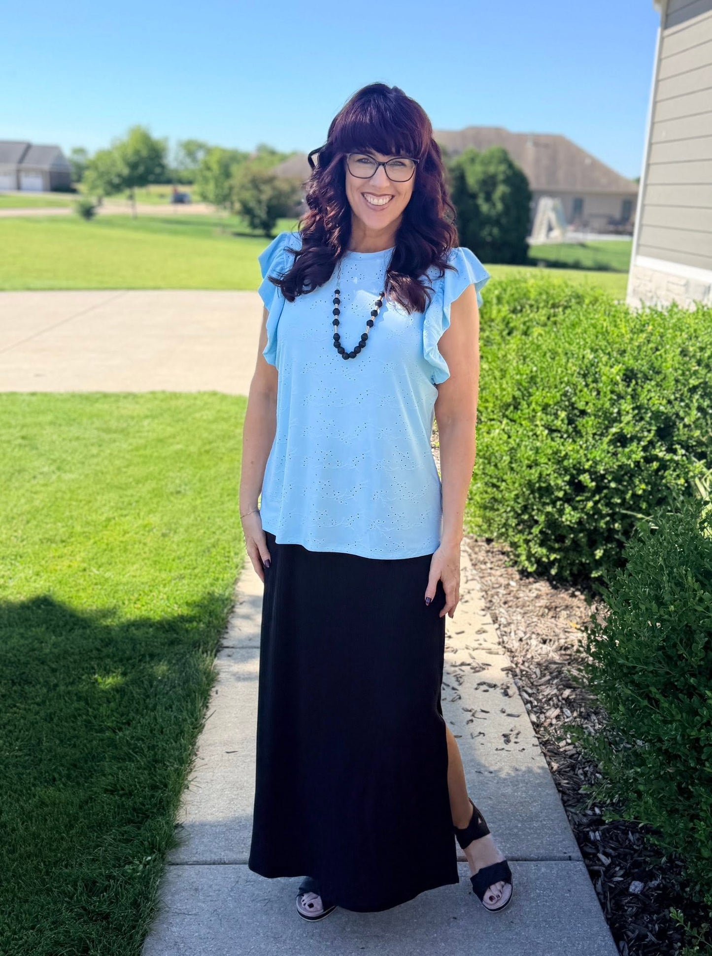 LuLaRoe LeeAnn Ruffle Sleeve Top - Solid Sky Blue