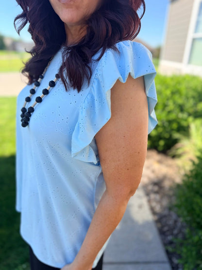 LuLaRoe LeeAnn Ruffle Sleeve Top - Solid Sky Blue