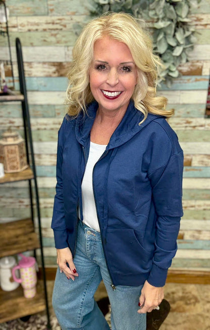 LuLaRoe Essential Zip Hoodie - Solid Medieval Blue