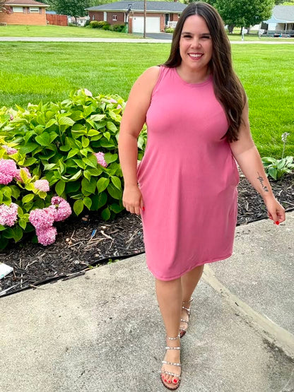 LuLaRoe Charlotte Dress - Solid Bubblegum Pink Sleeveless A-Line Dress with Pockets