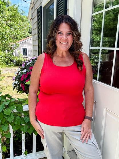 Model wearing the LuLaRoe Robyn Fitted Tank in solid crimson red