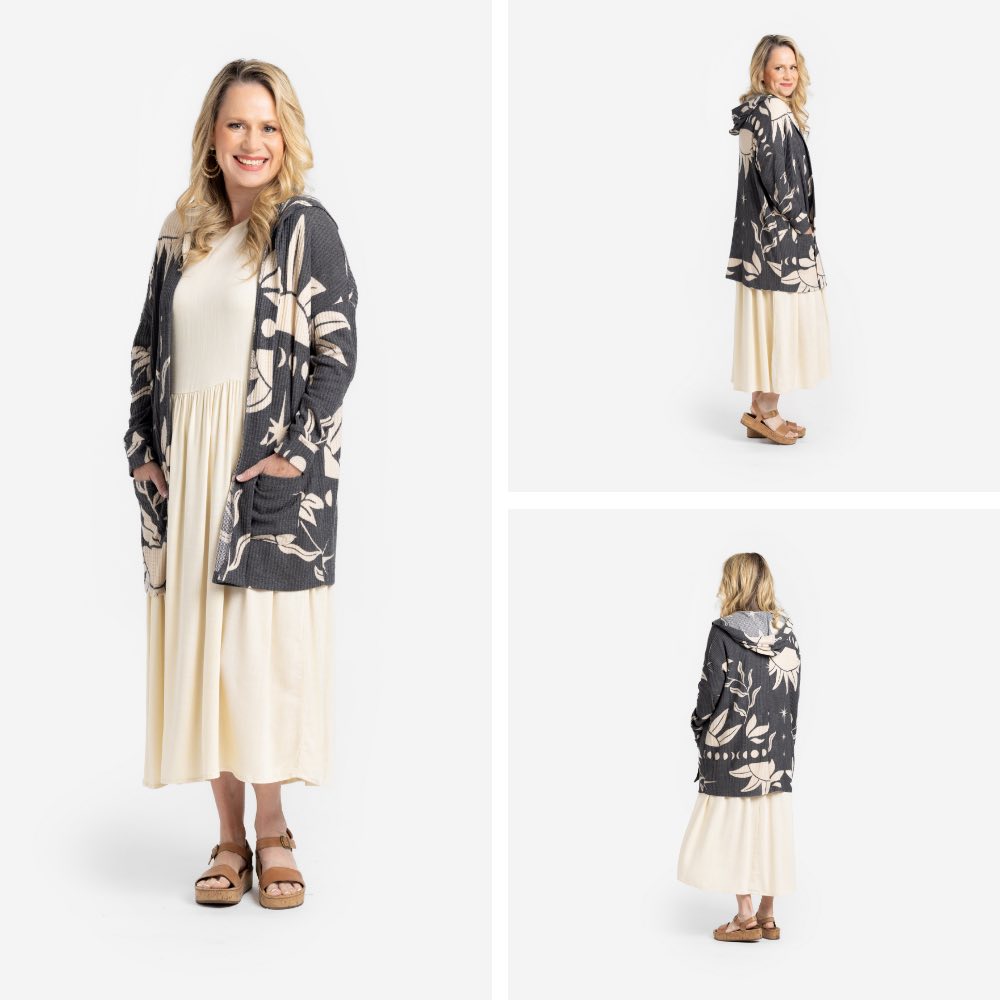 LuLaRoe Cozy Mackenzie Cardigan - Black & Cream Botanical Star Print