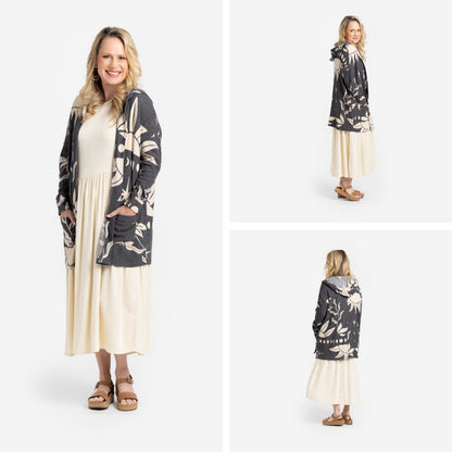 LuLaRoe Cozy Mackenzie Cardigan - Black & Cream Botanical Star Print