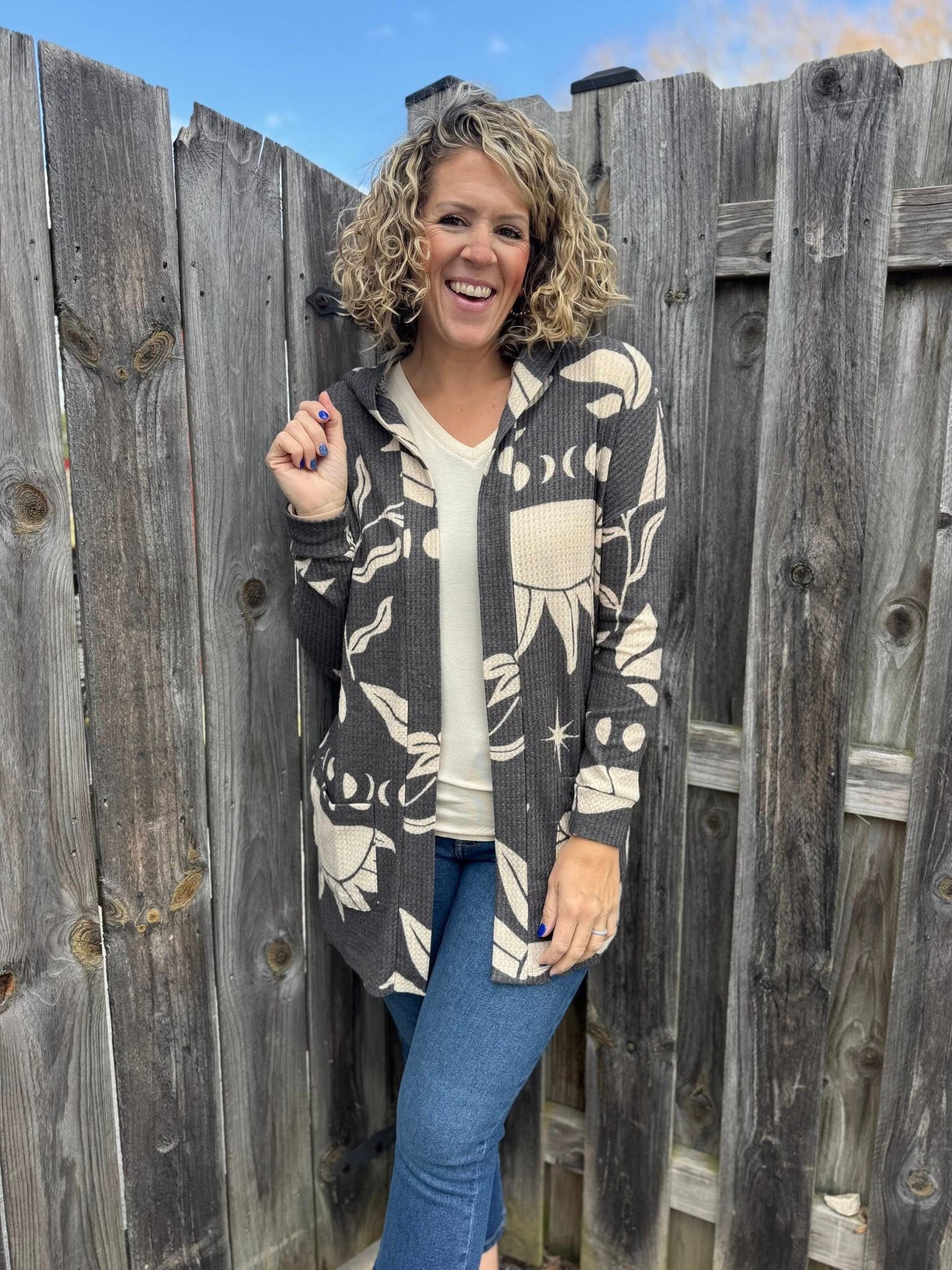 LuLaRoe Cozy Mackenzie Cardigan - Black & Cream Botanical Star Print