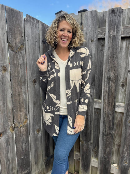 LuLaRoe Cozy Mackenzie Cardigan - Black & Cream Botanical Star Print