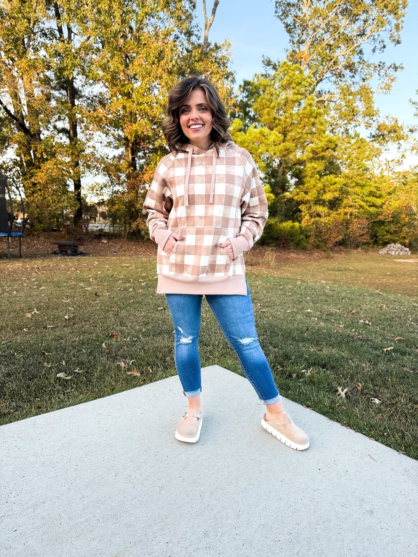 LuLaRoe Lexi Sweatshirt - Tan & Cream Buffalo Check