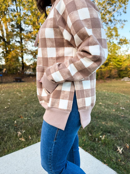 LuLaRoe Lexi Sweatshirt - Tan & Cream Buffalo Check
