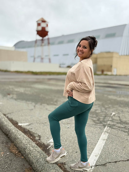 LuLaRoe WarmTech fleece-lined leggings solid deep teal blue - detail and lifestyle view 4