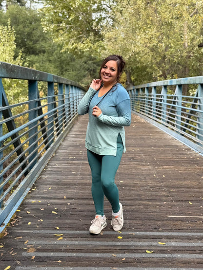 LuLaRoe WarmTech fleece-lined leggings solid deep teal blue - detail and lifestyle view 2