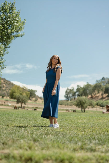 LuLaRoe Cassandra Cap Sleeve Midi Dress – Solid Deep Teal Blue – view 4