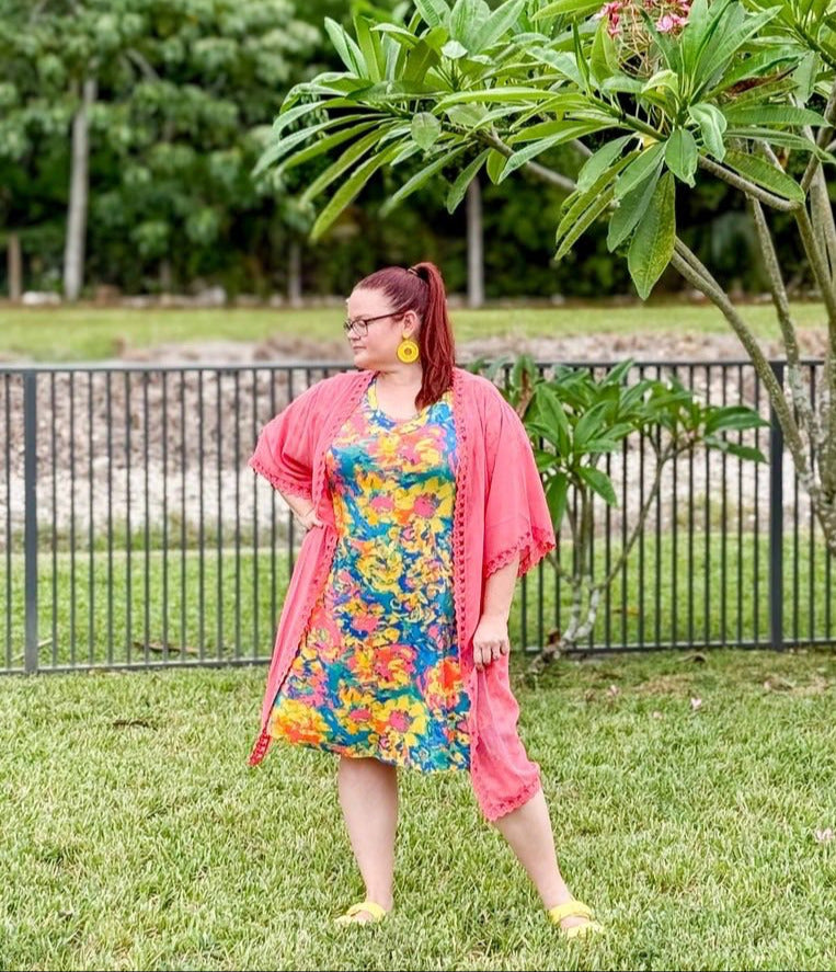 LuLaRoe LuLaRoe Celia Dress - Blue Orange Pink Abstract Floral 
