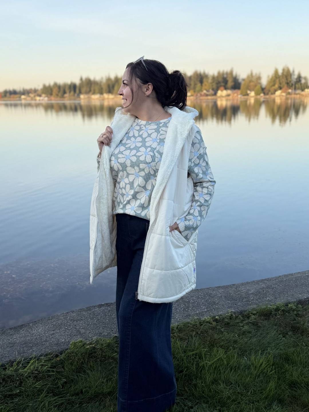 LuLaRoe Alta Solid Soft Ivory reversible puffer vest, product and styling photo 3