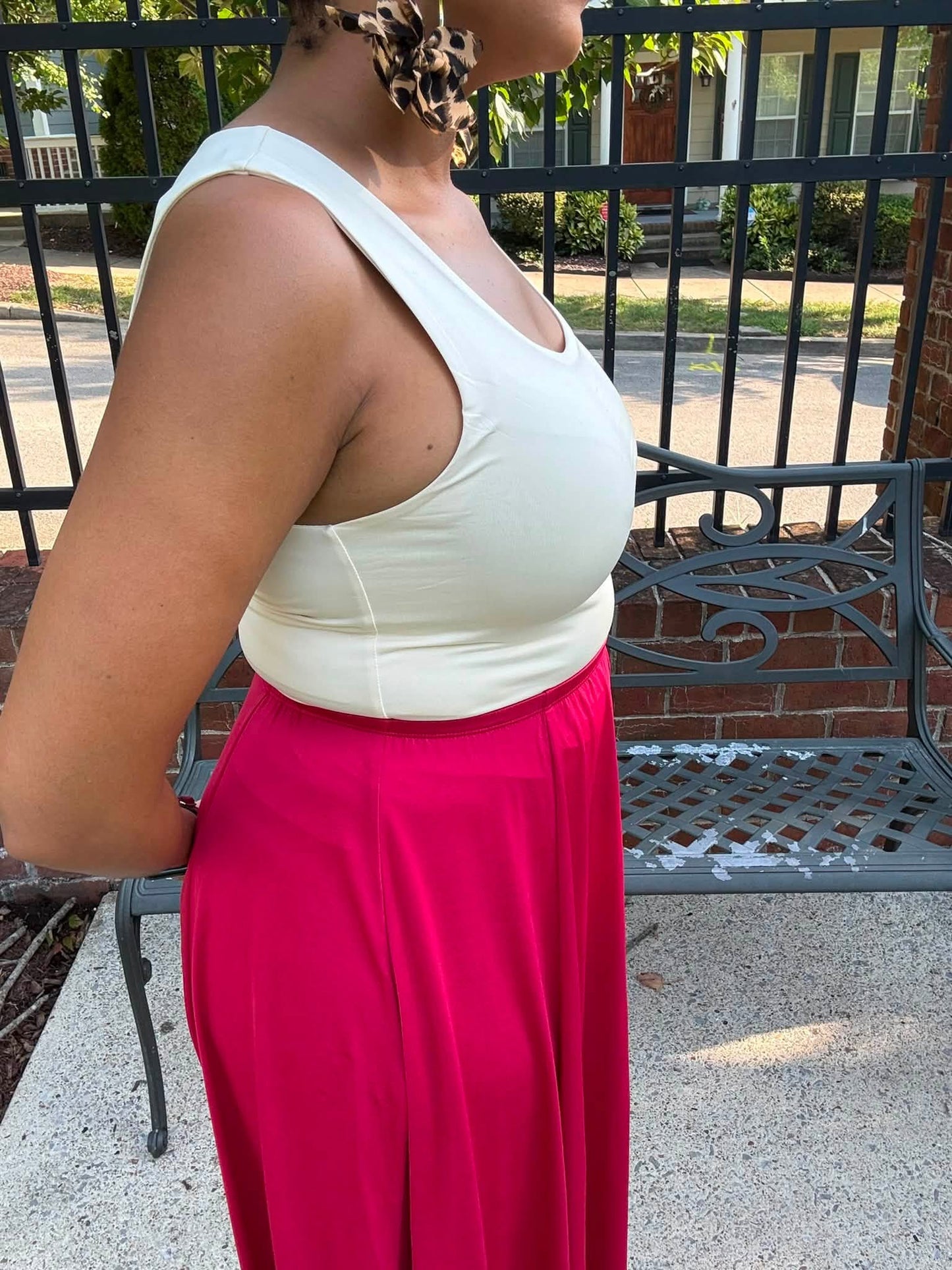 Model wearing the LuLaRoe Robyn Fitted Tank in solid stone taupe